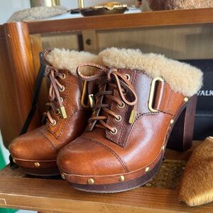 Y2K Vince Camuto Brown Shearling-Lined Leather Heeled Clog Mules